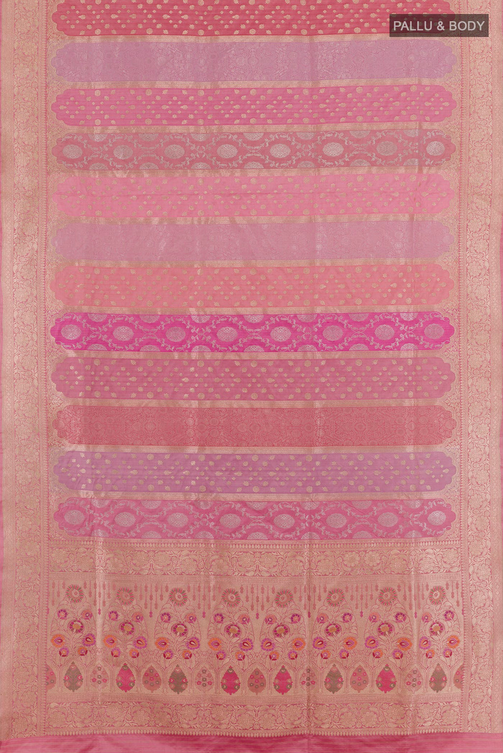 Flat view of Multi Color Banarasi Silk Saree with Zari Brocade on the body and Zari Border. 