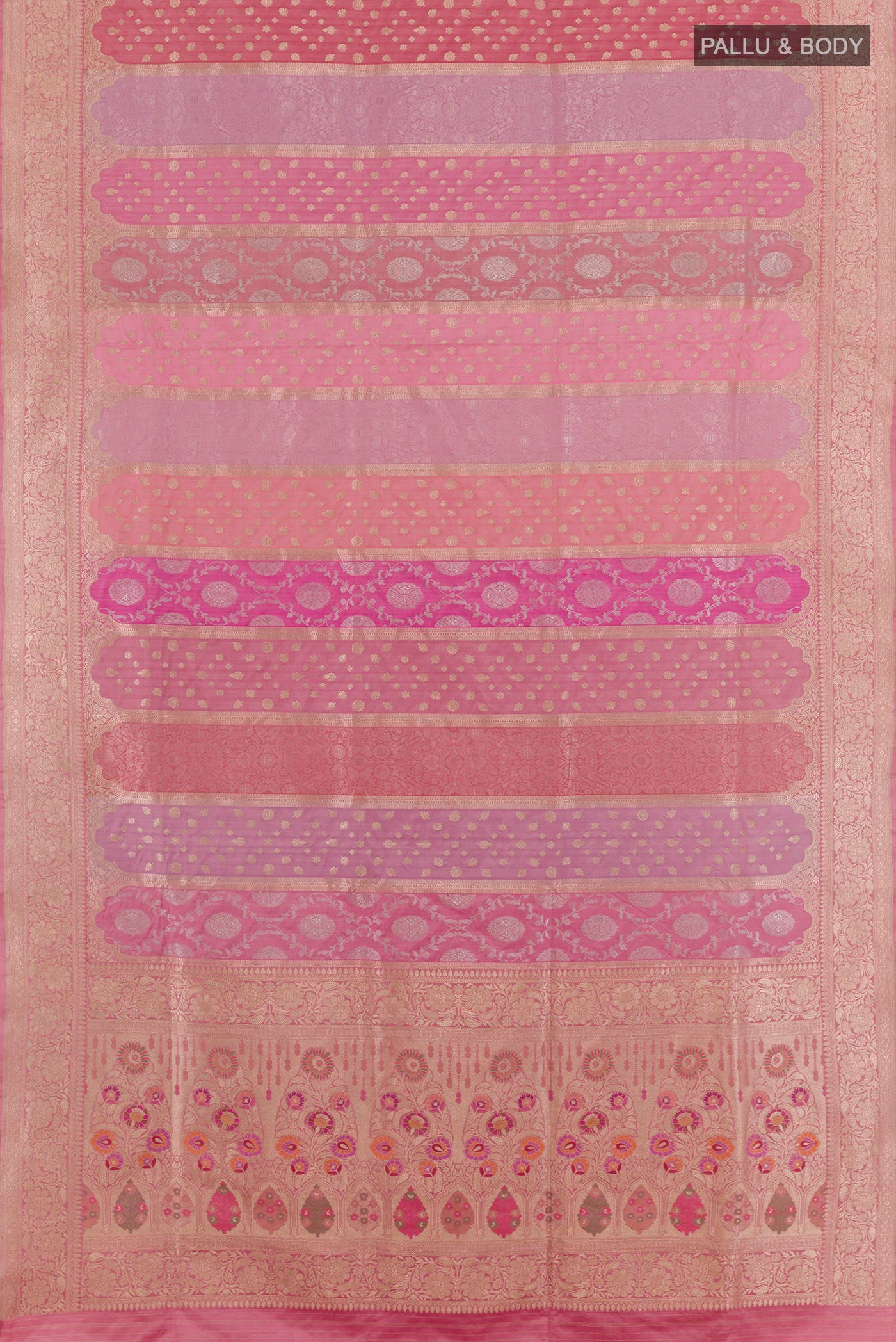 Flat view of Multi Color Banarasi Silk Saree with Zari Brocade on the body and Zari Border. 