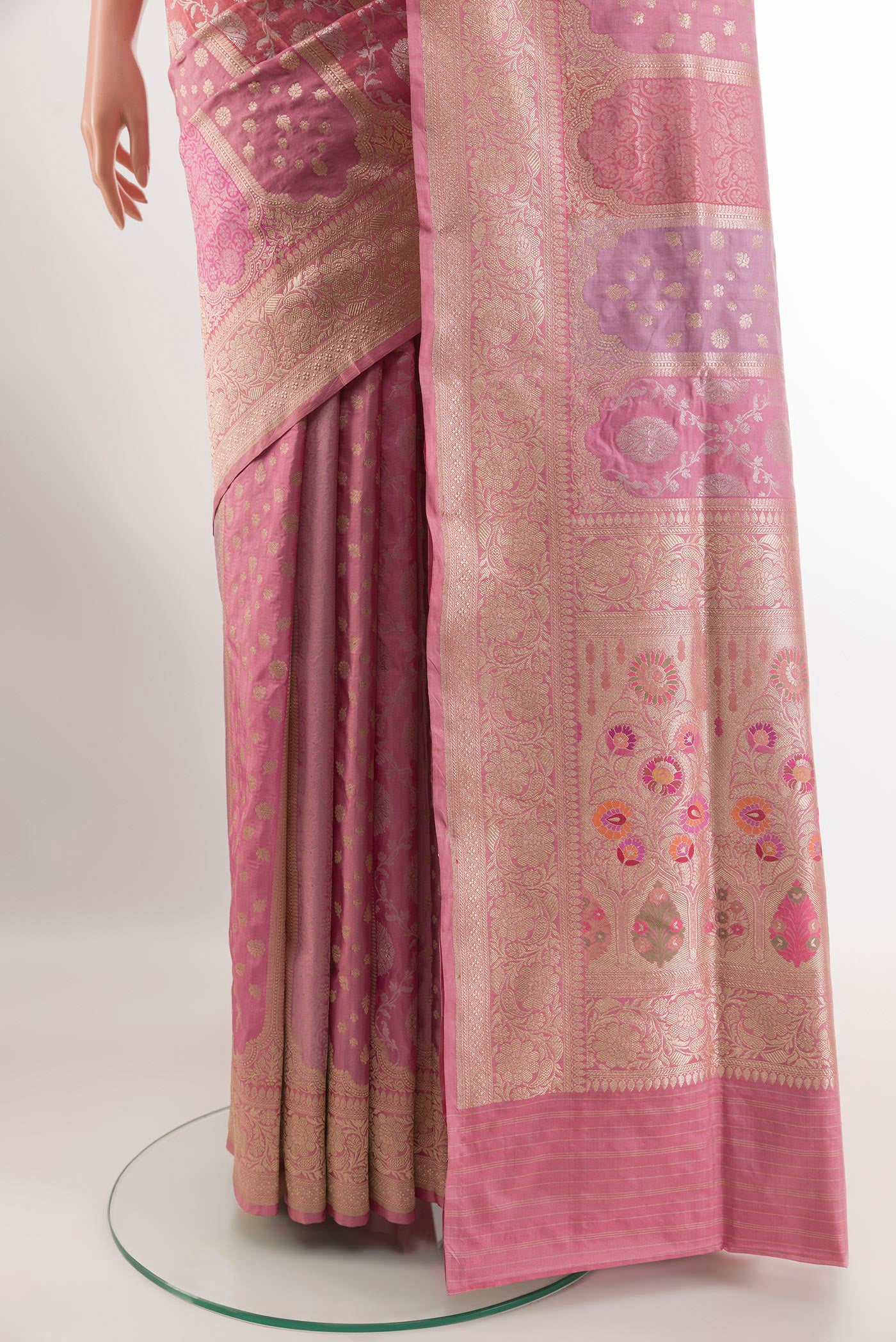 Pleats and pallu of Multi Color Banarasi Silk Saree with Zari Brocade on the body and Zari Border. 