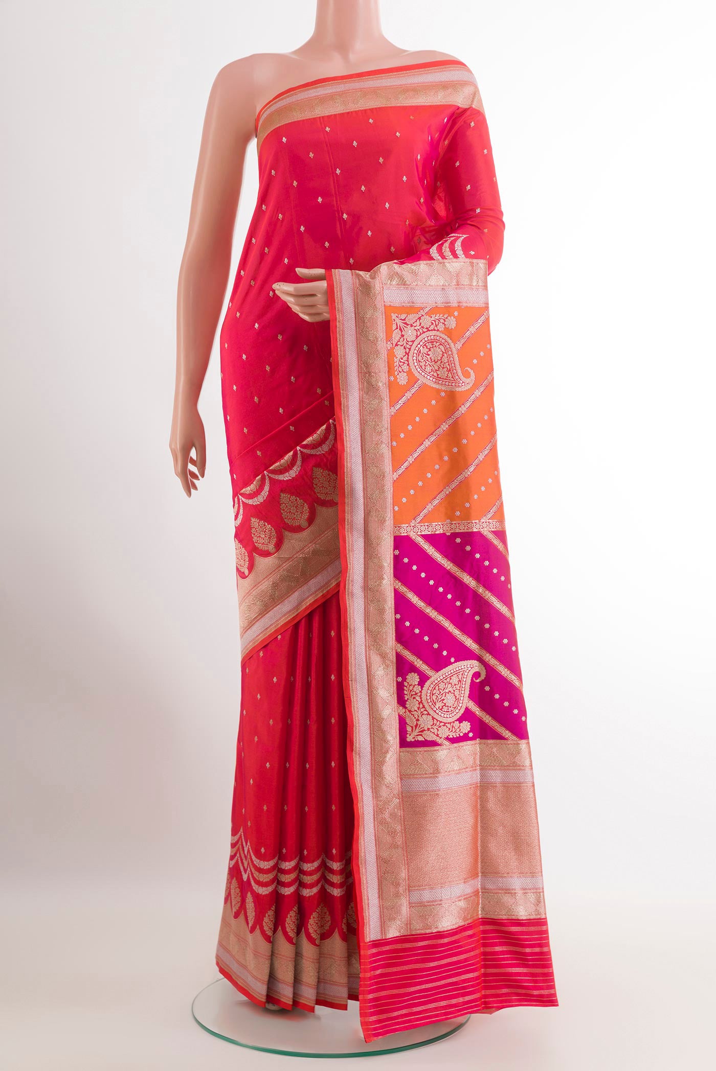Multi Color Banarasi Silk Saree with Zari Brocade on the body and Zari Border.  displayed on a mannequin