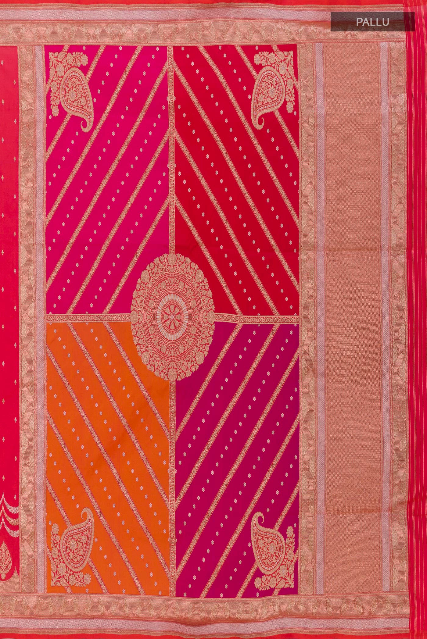 Close up image of the pallu of Multi Color Banarasi Silk Saree with Zari Brocade on the body and Zari Border. 