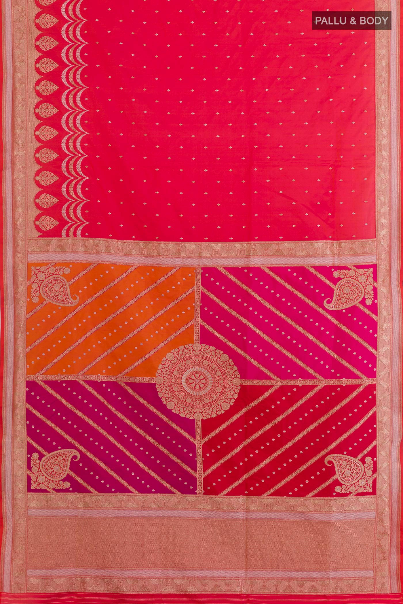 Flat view of Multi Color Banarasi Silk Saree with Zari Brocade on the body and Zari Border. 