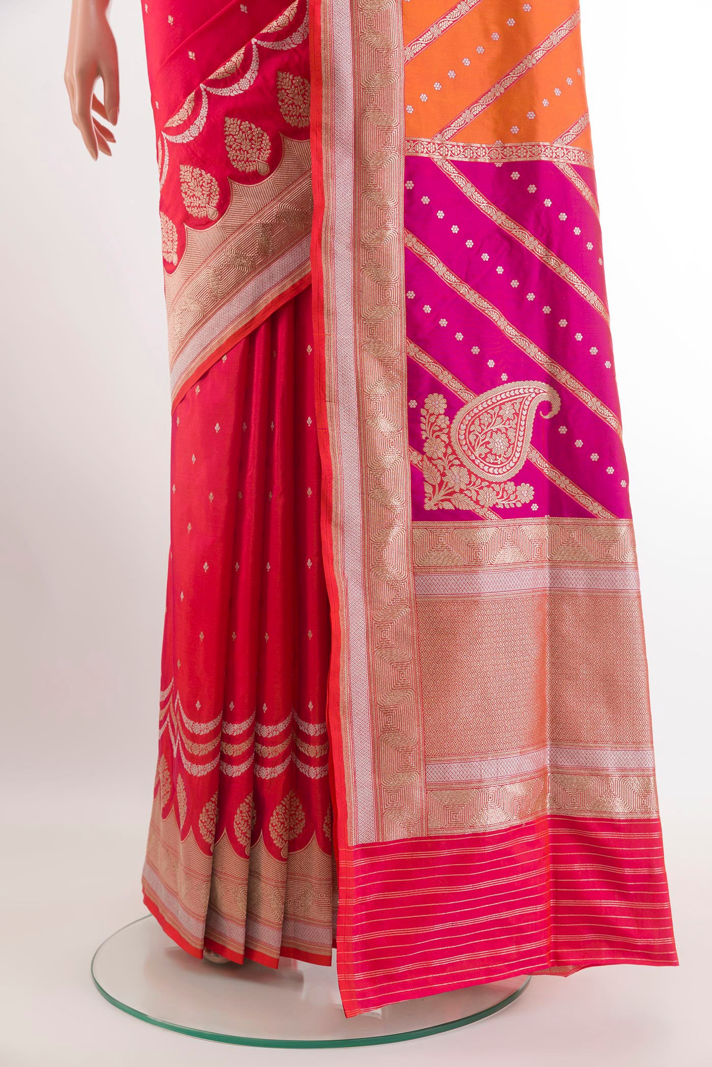Pleats and pallu of Multi Color Banarasi Silk Saree with Zari Brocade on the body and Zari Border. 