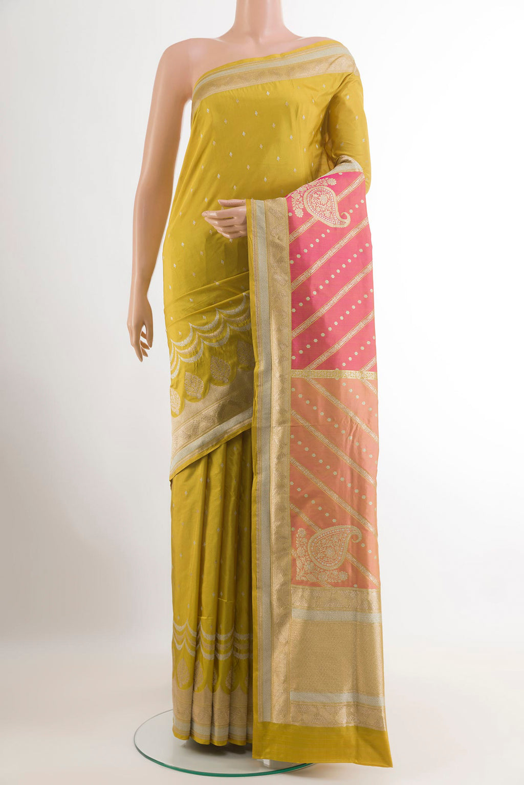 Multi Color Banarasi Silk Saree with Zari Brocade on the body and Zari Border.  displayed on a mannequin