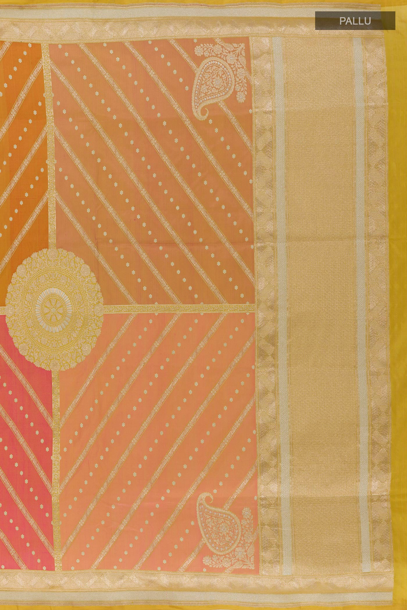 Close up image of the pallu of Multi Color Banarasi Silk Saree with Zari Brocade on the body and Zari Border. 