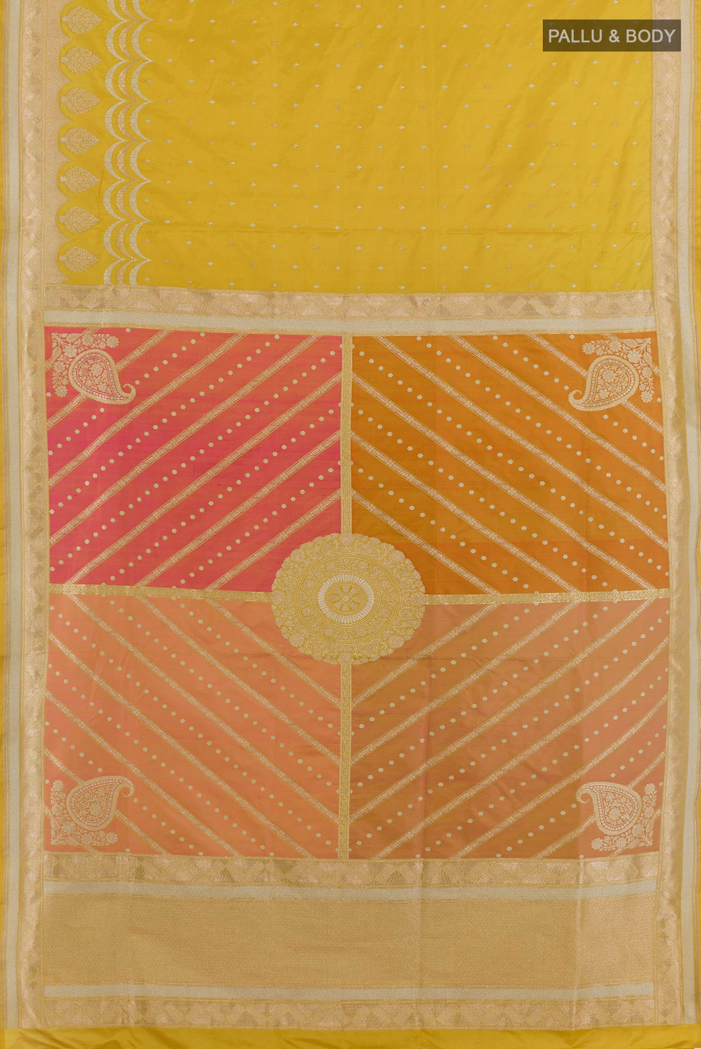 Flat view of Multi Color Banarasi Silk Saree with Zari Brocade on the body and Zari Border. 