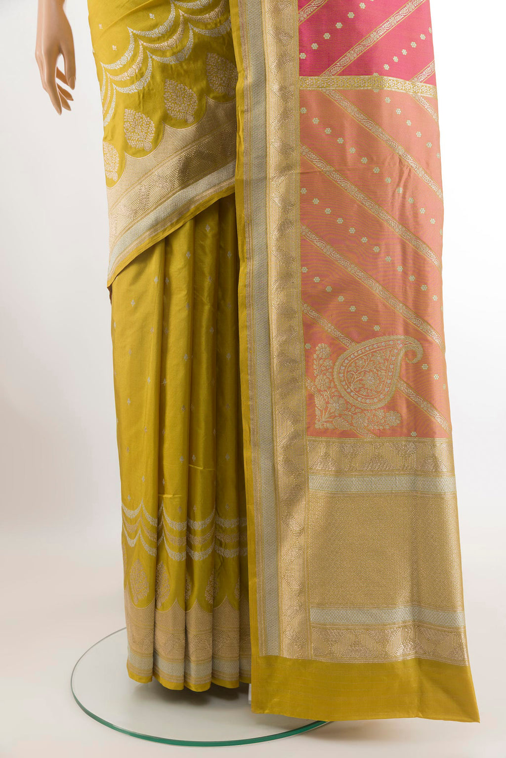 Pleats and pallu of Multi Color Banarasi Silk Saree with Zari Brocade on the body and Zari Border. 