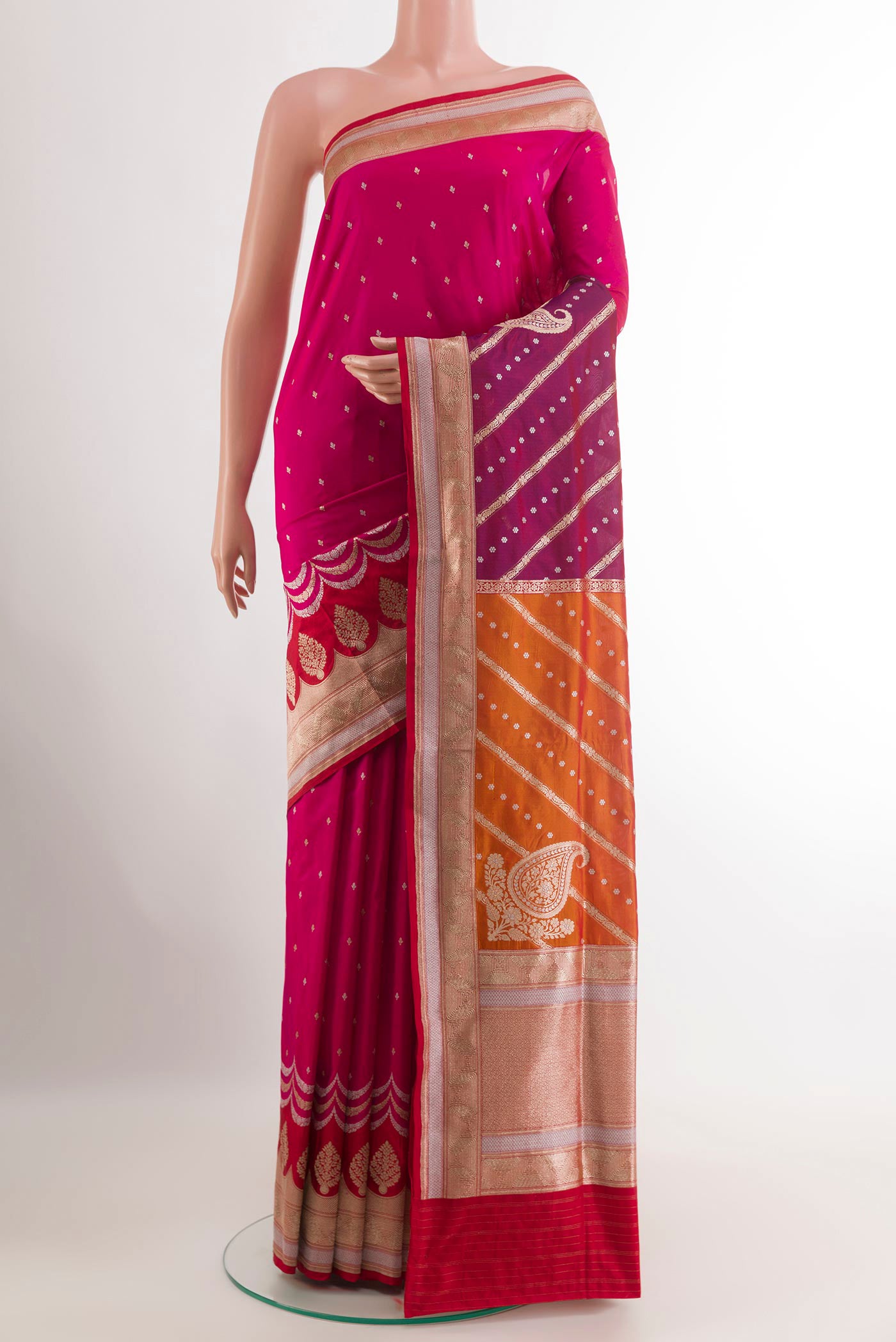 Multi Color Banarasi Silk Saree with Zari Brocade on the body and Zari Border.  displayed on a mannequin