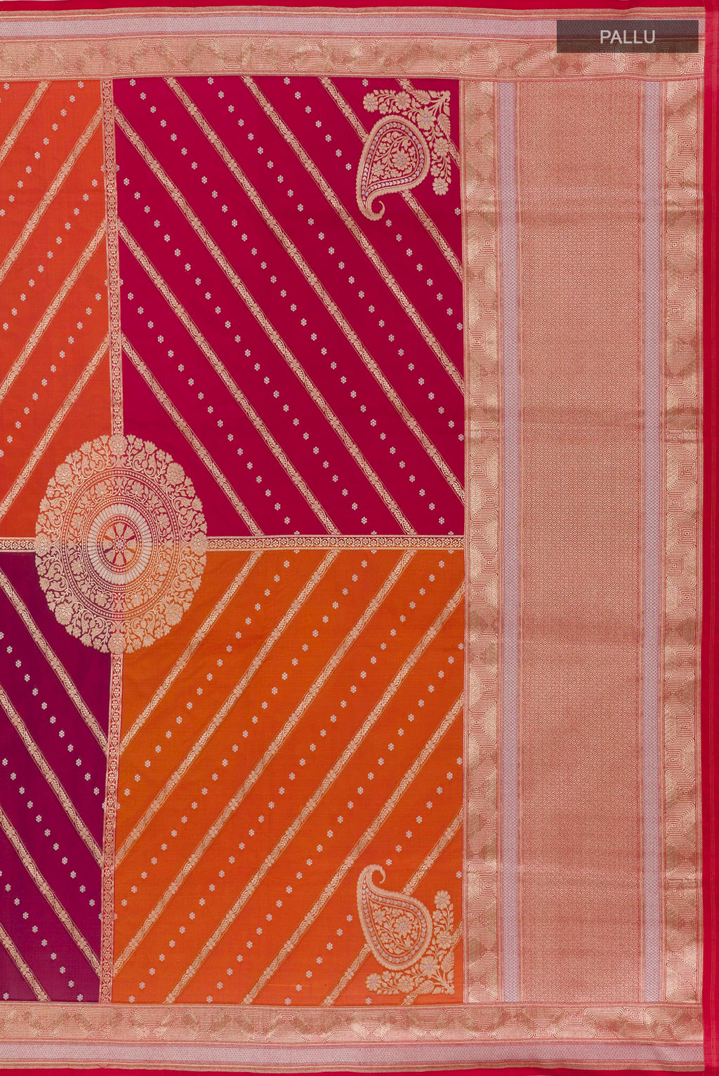 Close up image of the pallu of Multi Color Banarasi Silk Saree with Zari Brocade on the body and Zari Border. 