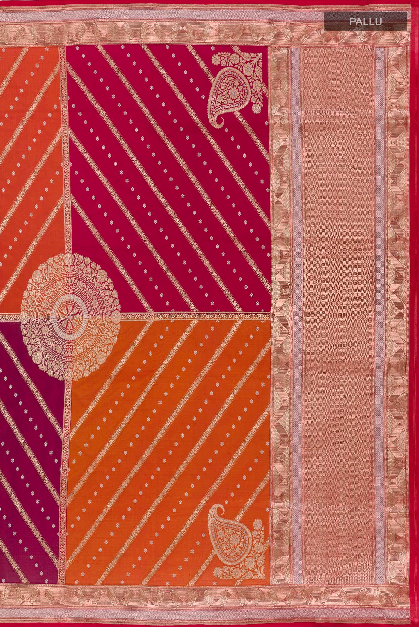 Close up image of the pallu of Multi Color Banarasi Silk Saree with Zari Brocade on the body and Zari Border. 
