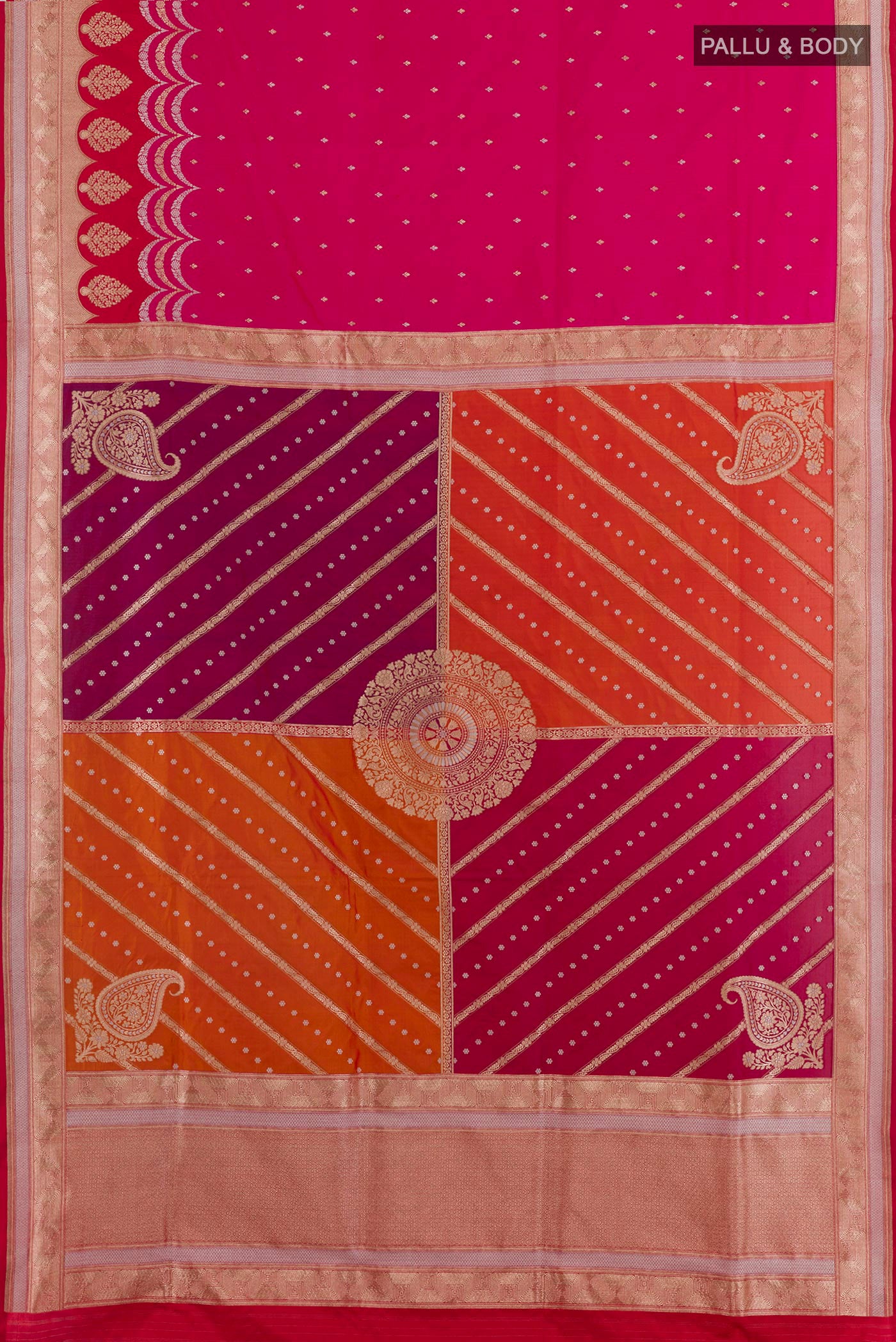 Flat view of Multi Color Banarasi Silk Saree with Zari Brocade on the body and Zari Border. 