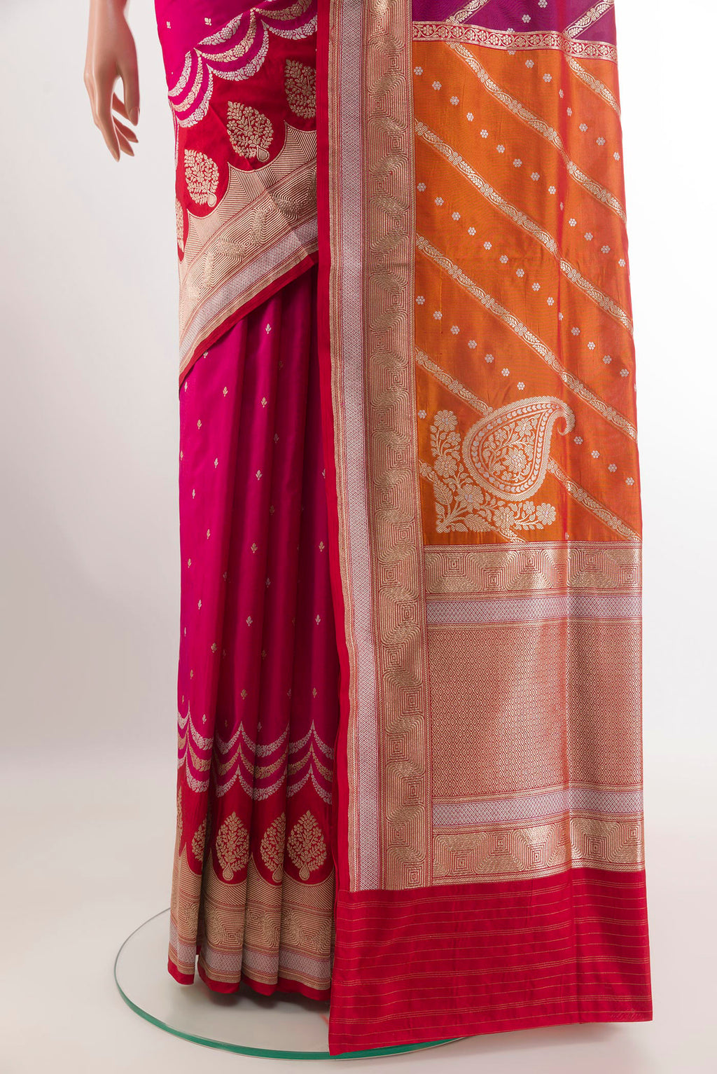 Pleats and pallu of Multi Color Banarasi Silk Saree with Zari Brocade on the body and Zari Border. 