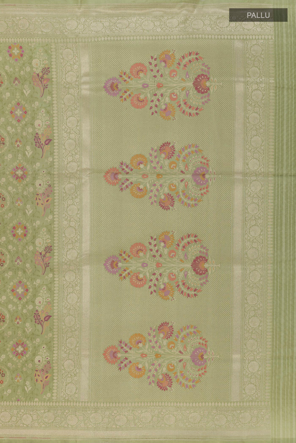 Close up image of the pallu of Green Banarasi Silk Saree with Zari Brocade on the body and Zari Border. 