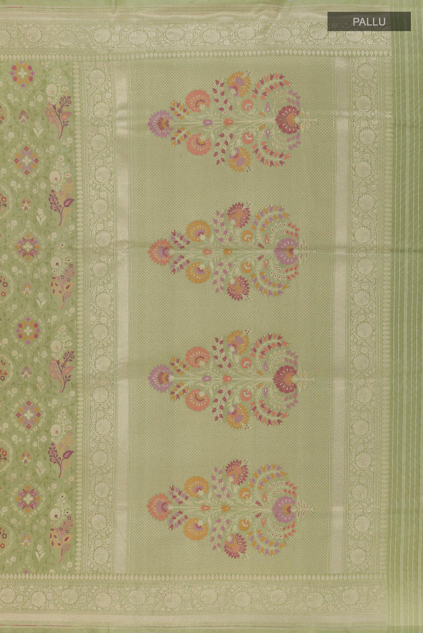 Close up image of the pallu of Green Banarasi Silk Saree with Zari Brocade on the body and Zari Border. 