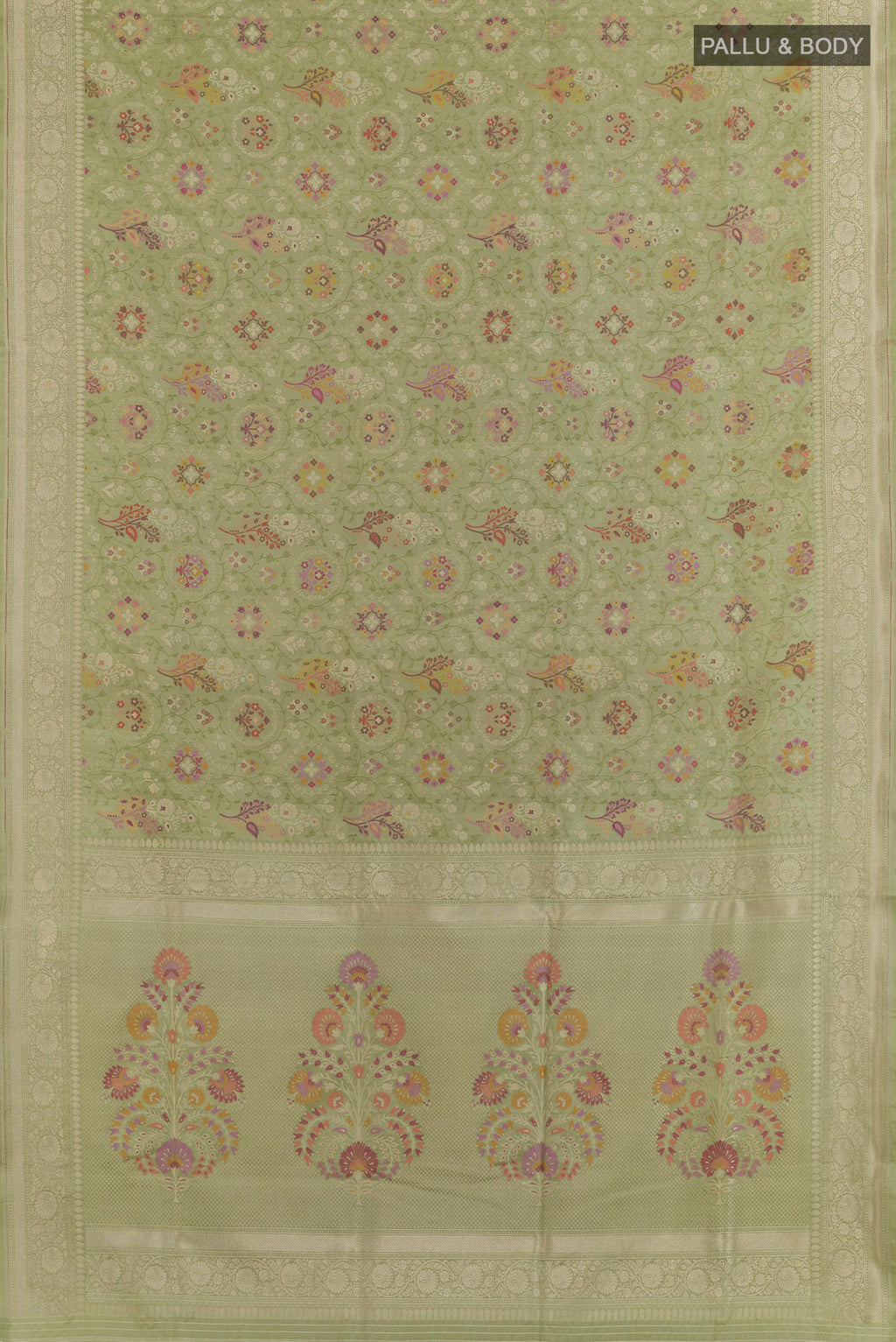 Flat view of Green Banarasi Silk Saree with Zari Brocade on the body and Zari Border. 
