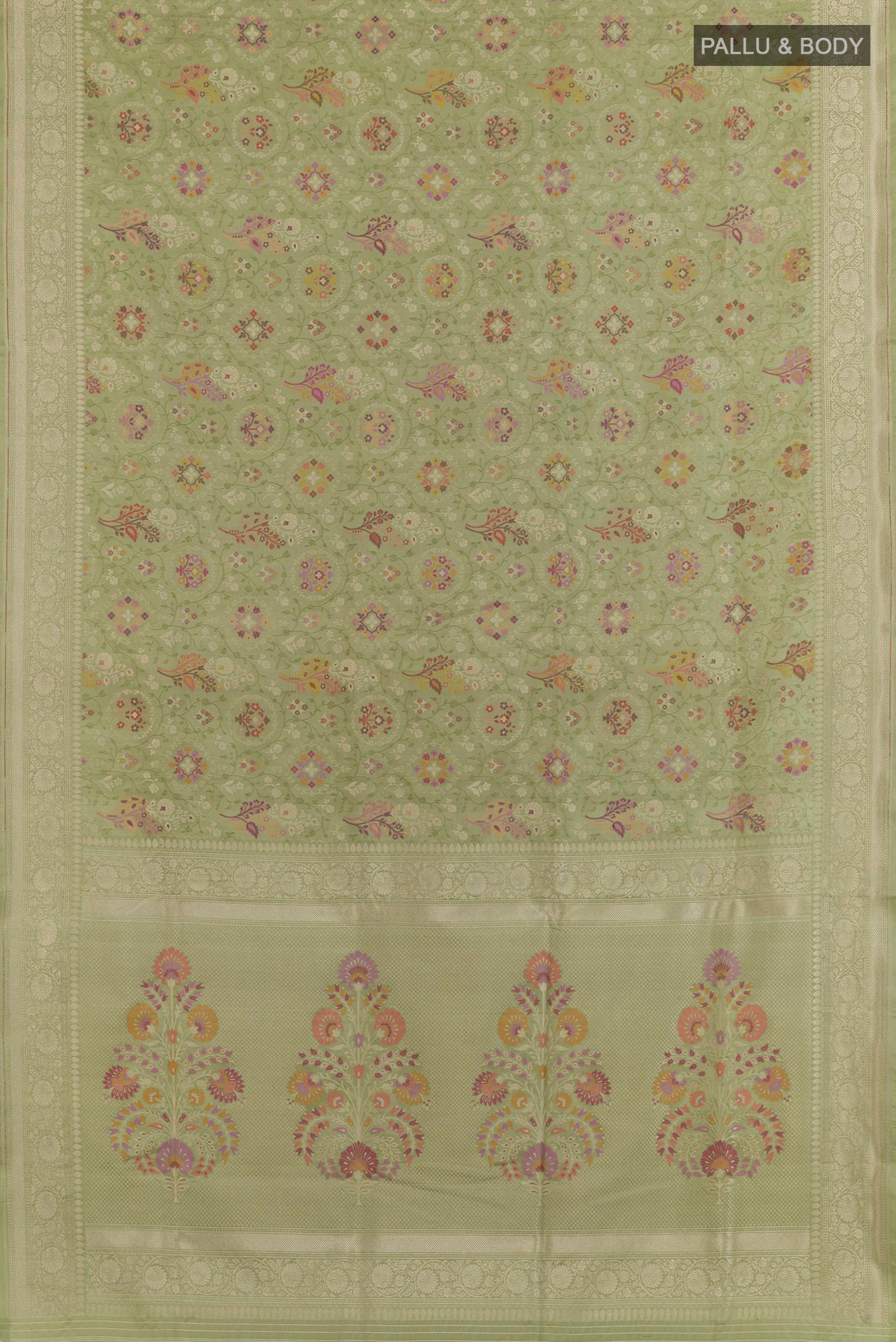 Flat view of Green Banarasi Silk Saree with Zari Brocade on the body and Zari Border. 