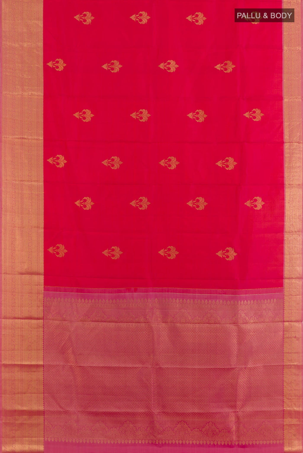 Flat view of Pink Kanchipuram Silk Saree with Zari Butta on the body and Zari Border. 