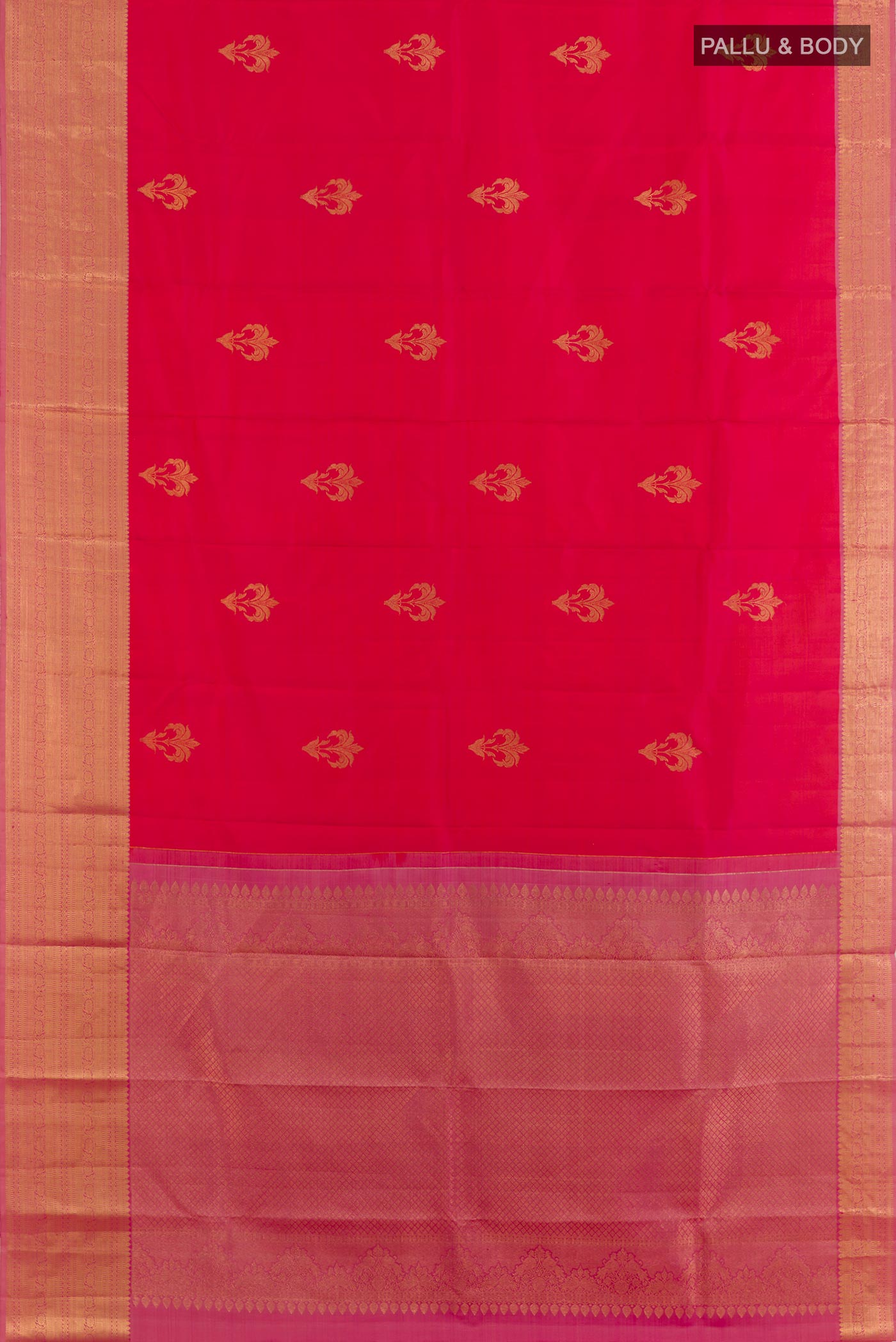 Flat view of Pink Kanchipuram Silk Saree with Zari Butta on the body and Zari Border. 