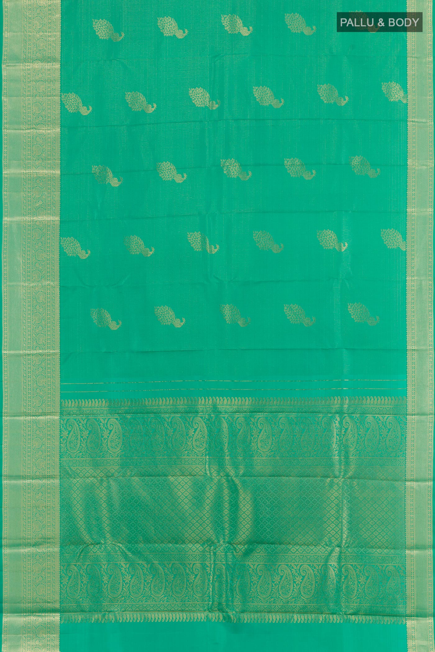 Flat view of Sea Green Kanjivaram Silk Saree with Zari Brocade on the body and Zari Border. 