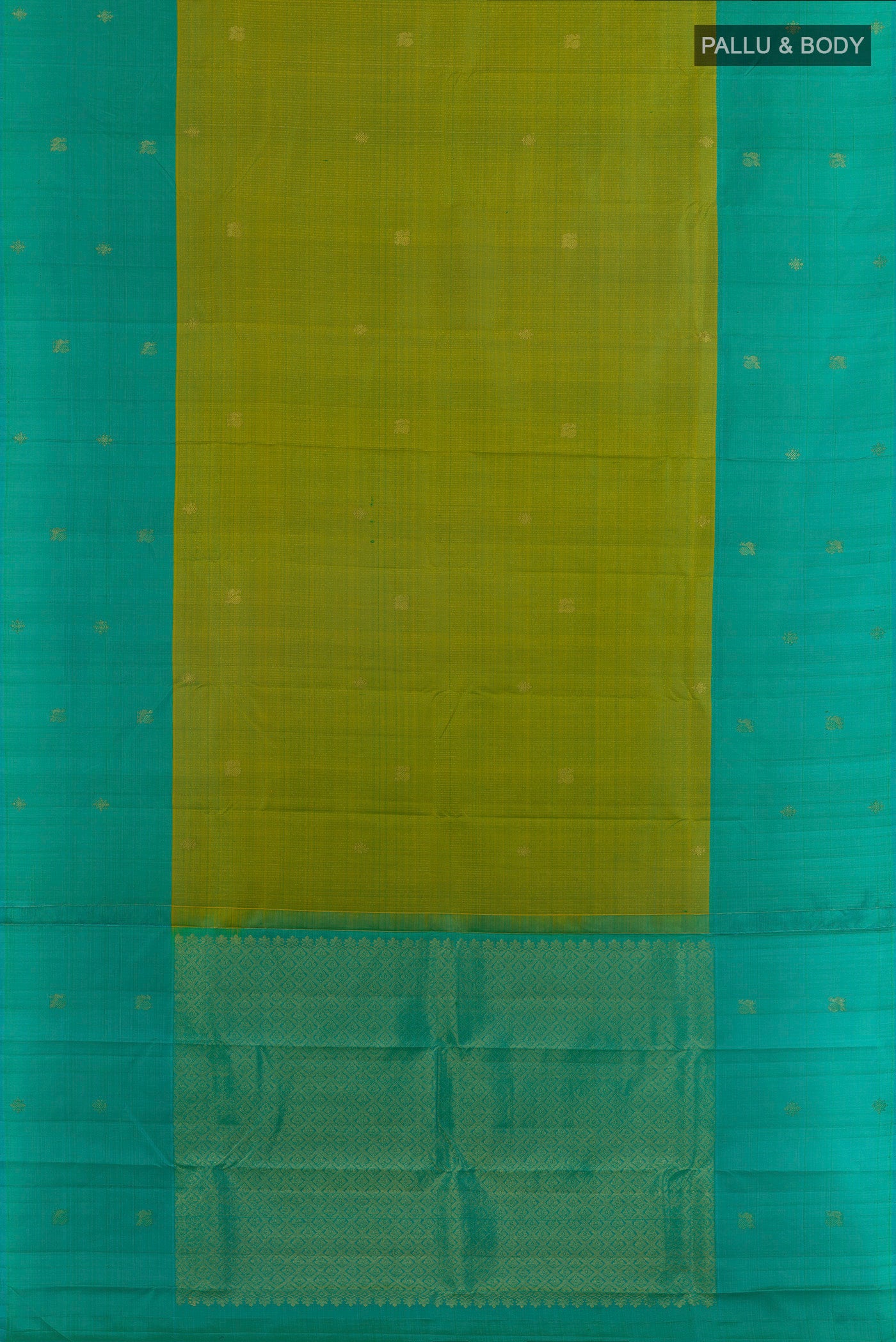 Flat view of Green Kanjivaram Silk Saree with Zari Butta on the body and Zari Border. 