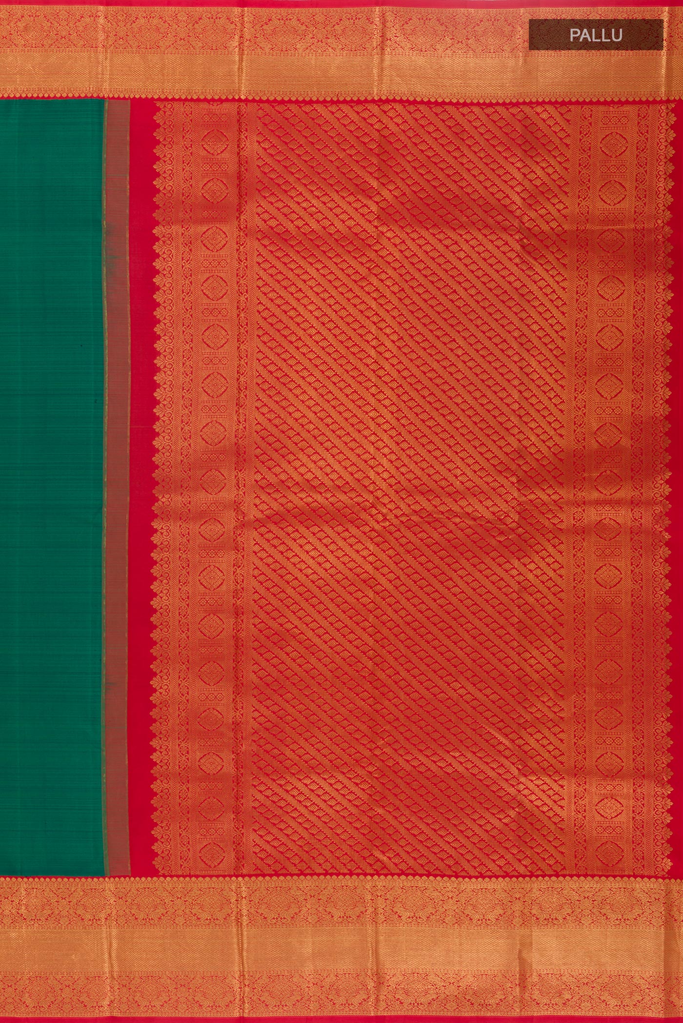 Close up image of the pallu of Teal Kanjivaram Silk Saree with Zari Butta on the body and Zari Border. 