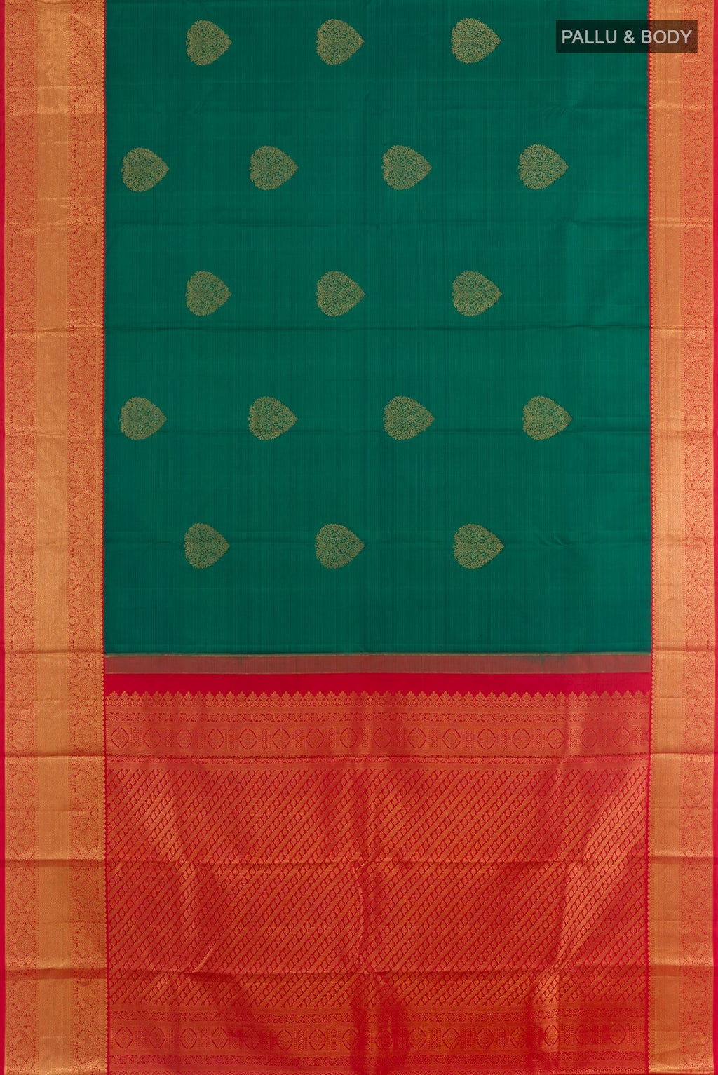 Flat view of Teal Kanjivaram Silk Saree with Zari Butta on the body and Zari Border. 