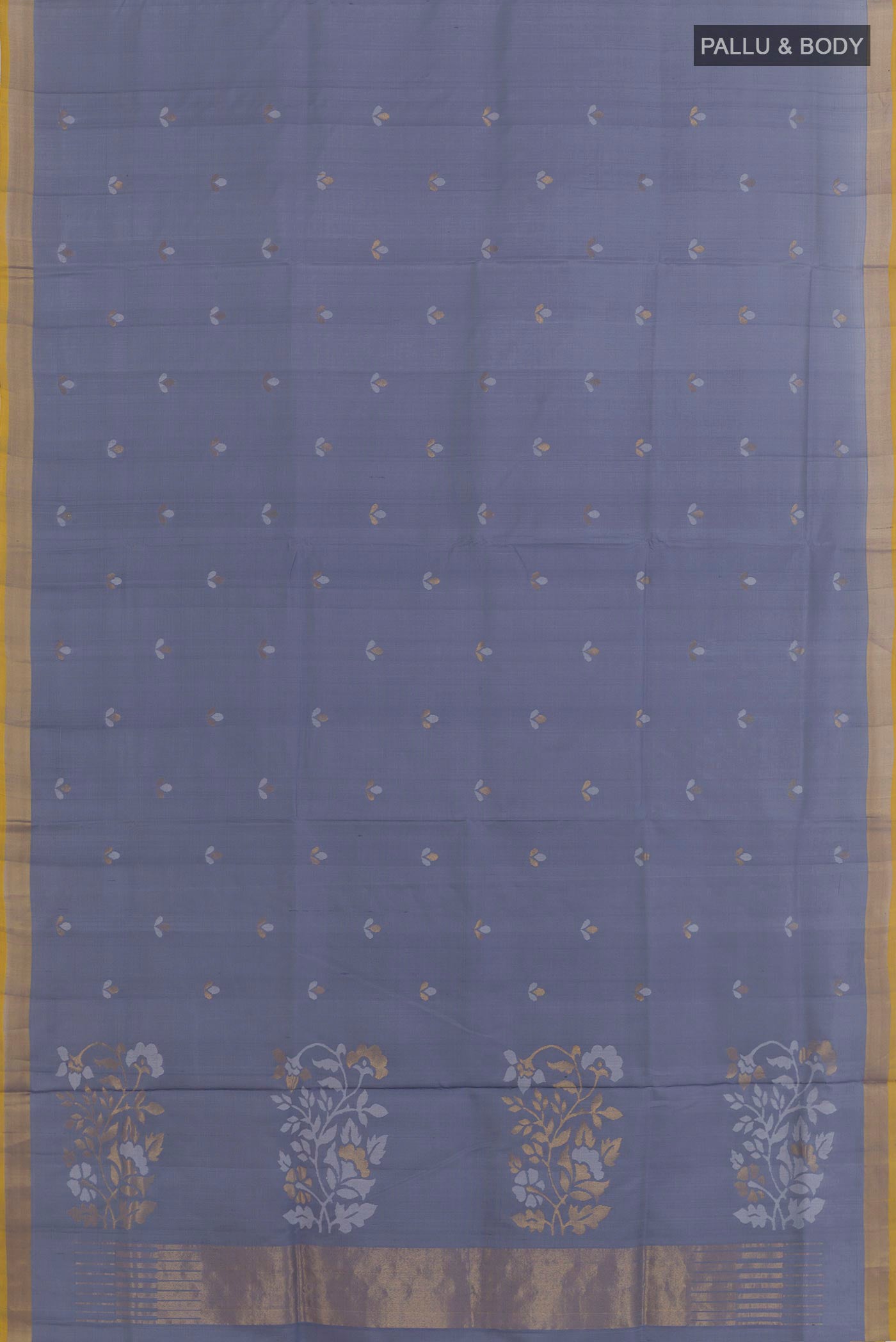 Flat view of Blue Uppada Silk Saree with Zari Butta on the body and Zari Border. 
