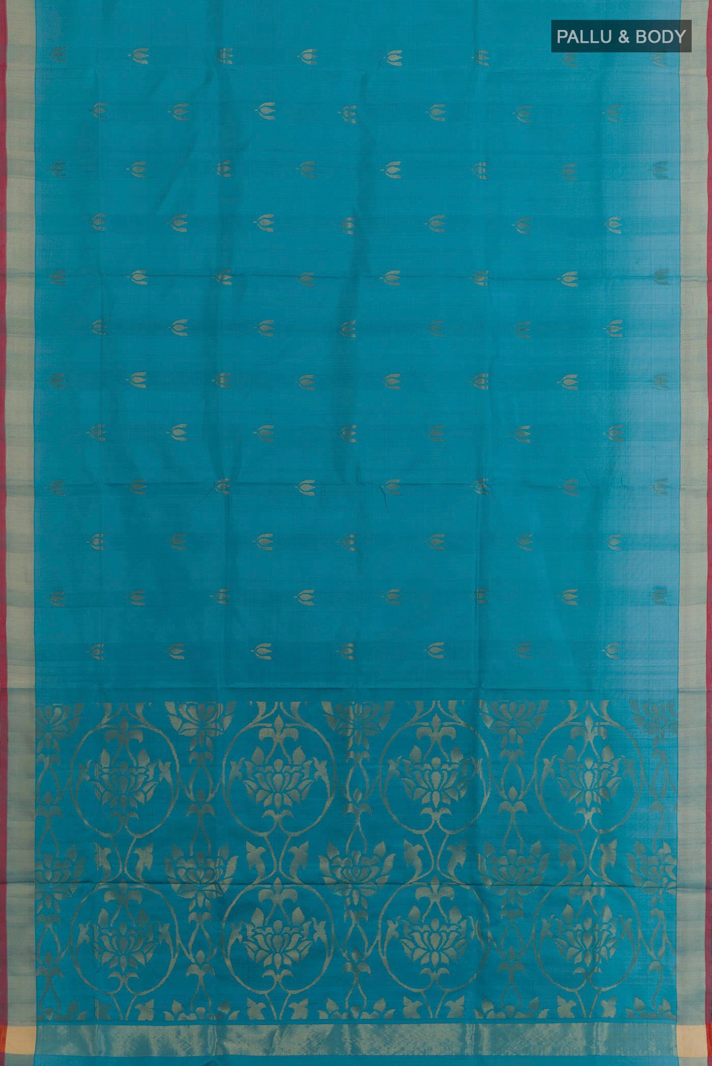 Flat view of Blue Uppada Silk Saree with Zari Butta on the body and Zari Border. 