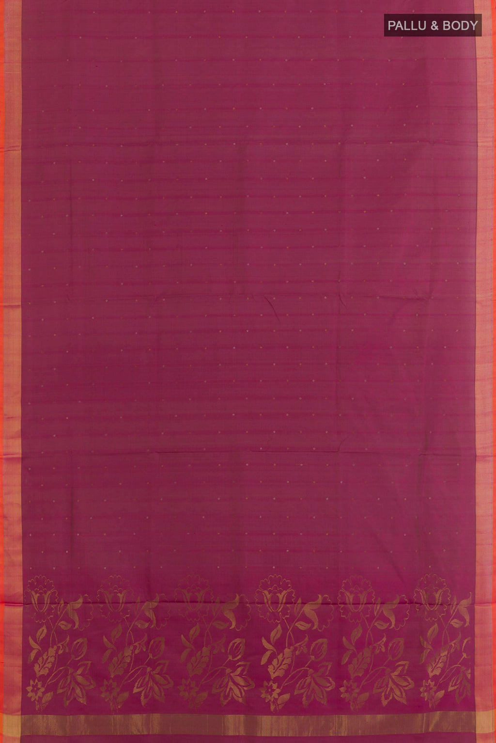Flat view of Purple Uppada Silk Saree with Zari Butta on the body and Zari Border. 