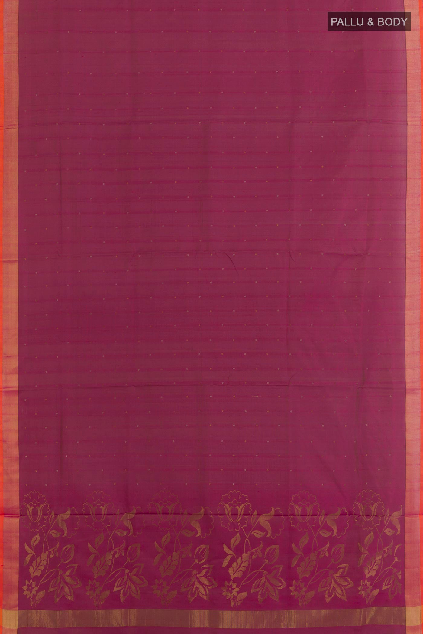 Flat view of Purple Uppada Silk Saree with Zari Butta on the body and Zari Border. 