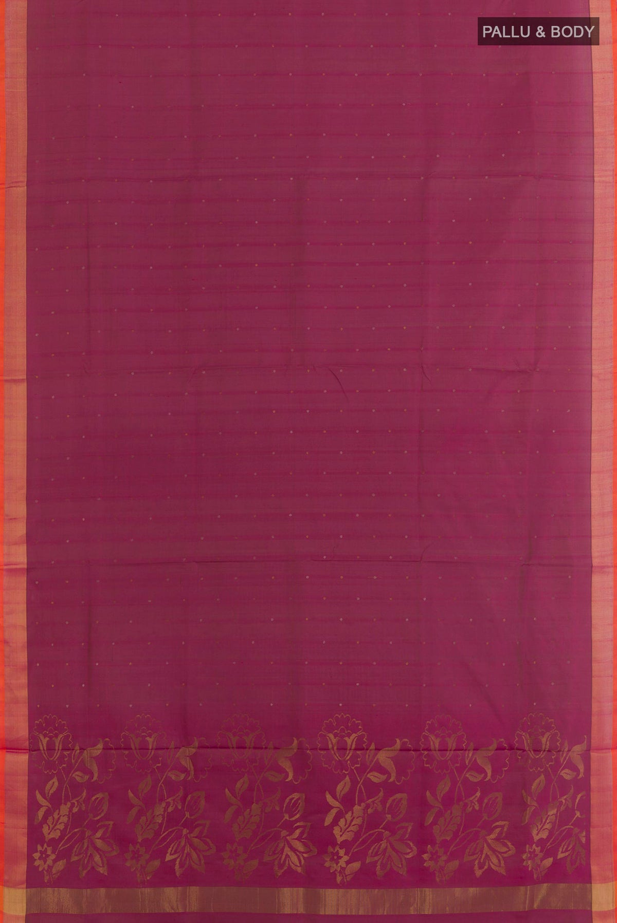 Flat view of Purple Uppada Silk Saree with Zari Butta on the body and Zari Border. 