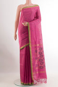 Pink Uppada Silk Saree with Zari Butta on the body and Zari Border.  displayed on a mannequin