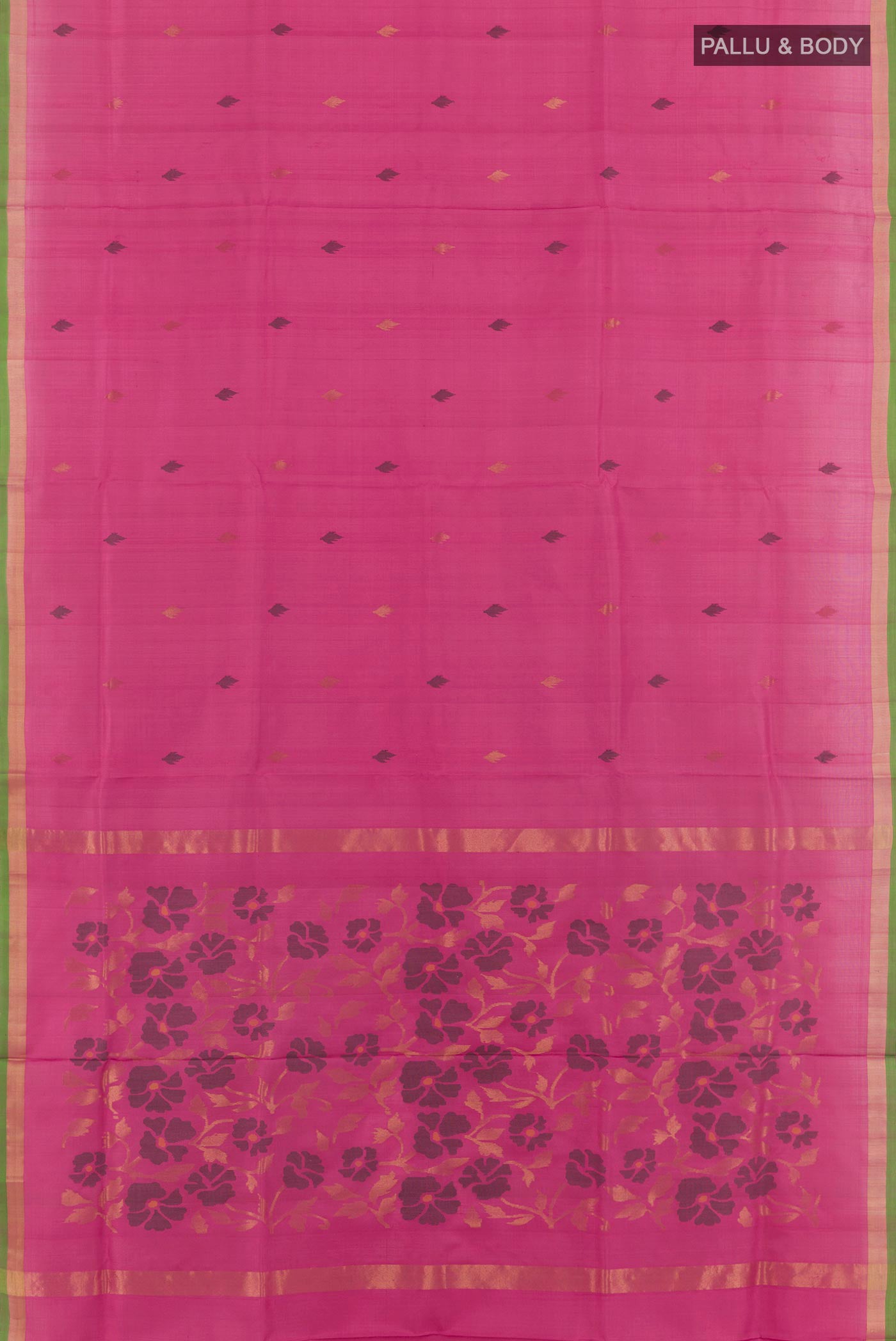 Flat view of Pink Uppada Silk Saree with Zari Butta on the body and Zari Border. 