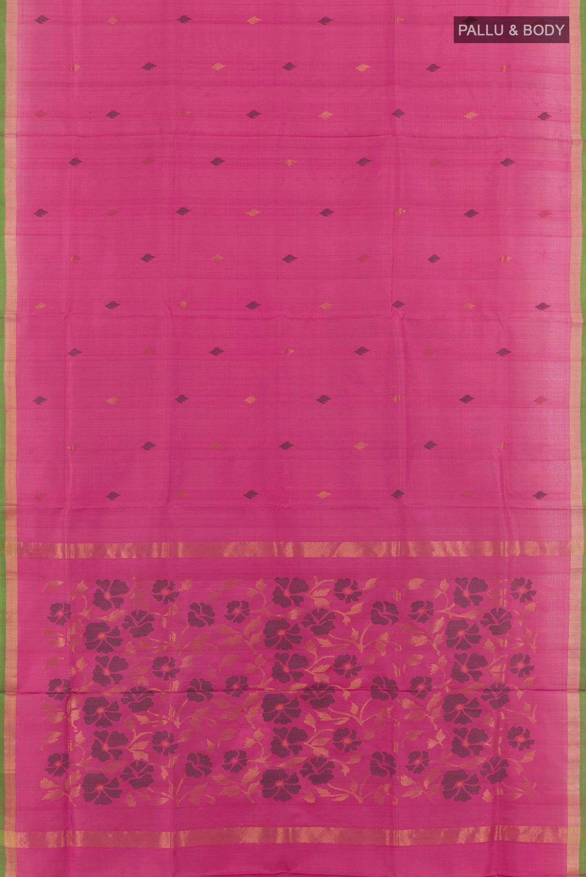Flat view of Pink Uppada Silk Saree with Zari Butta on the body and Zari Border. 