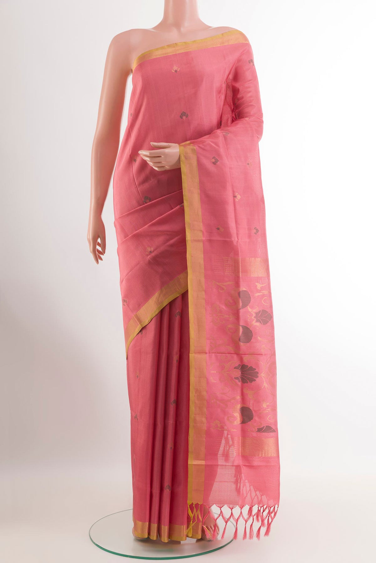 Pink Uppada Silk Saree with Zari Butta on the body and Zari Border.  displayed on a mannequin