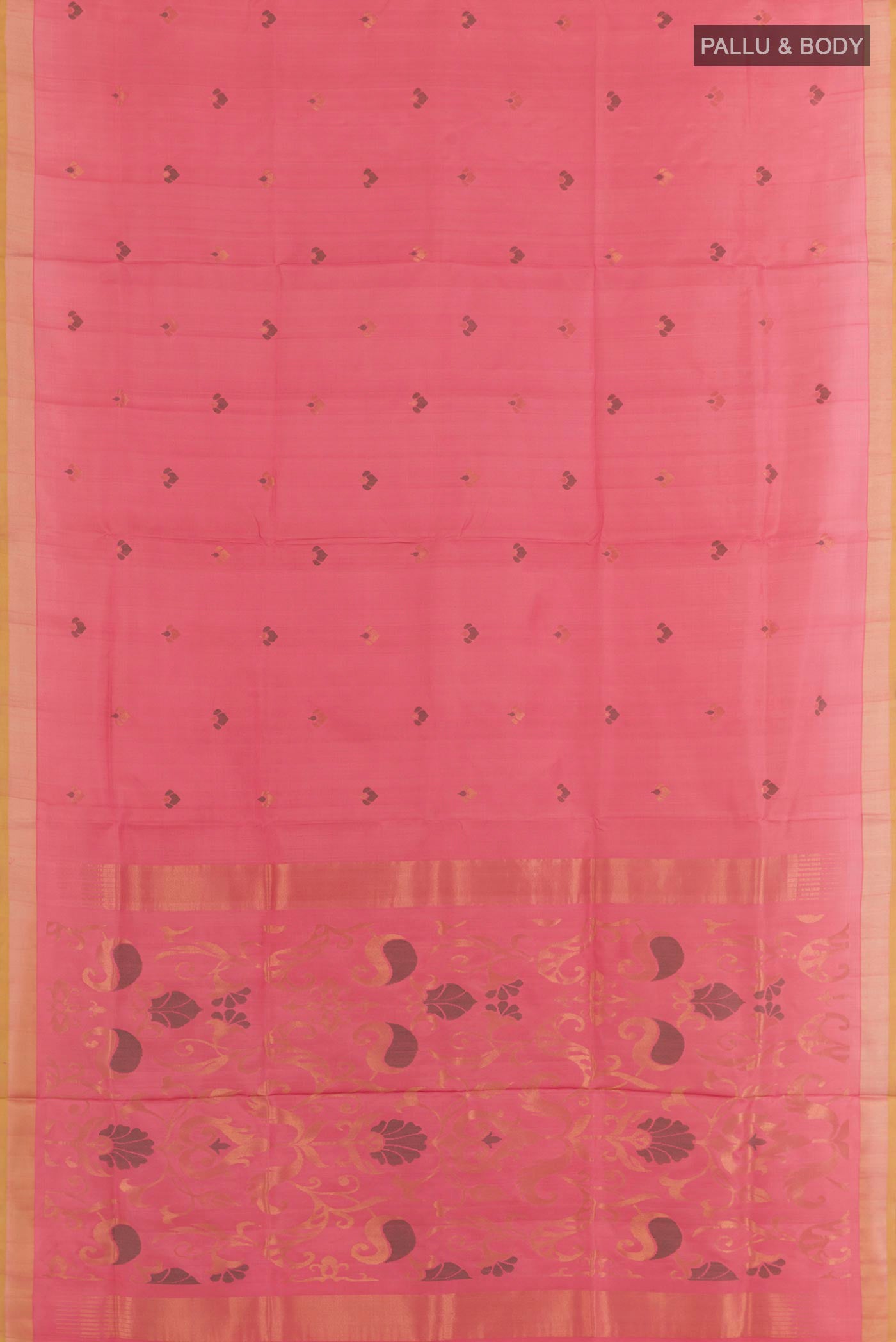 Flat view of Pink Uppada Silk Saree with Zari Butta on the body and Zari Border. 