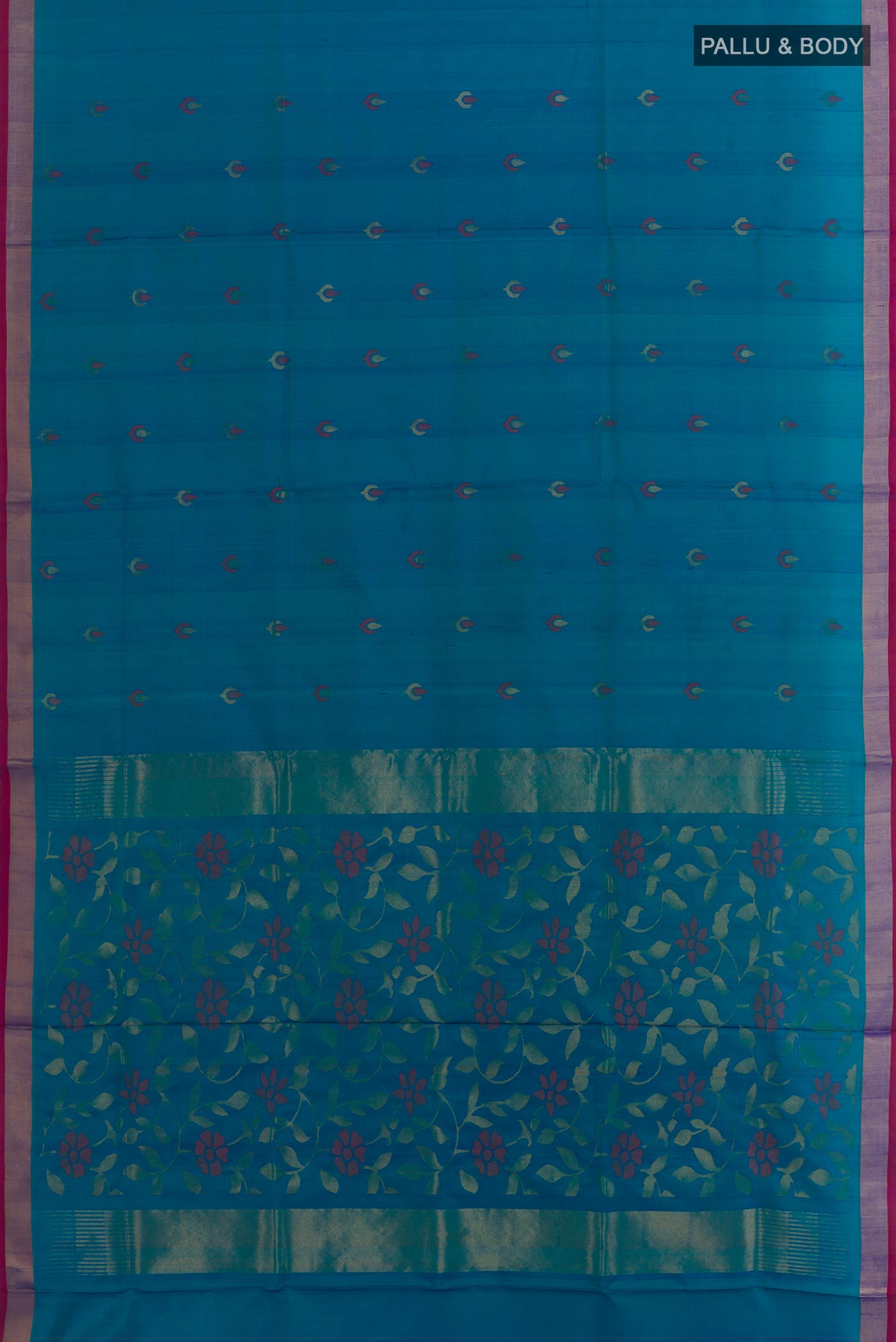 Flat view of Blue Uppada Silk Saree with Zari Butta on the body and Zari Border. 