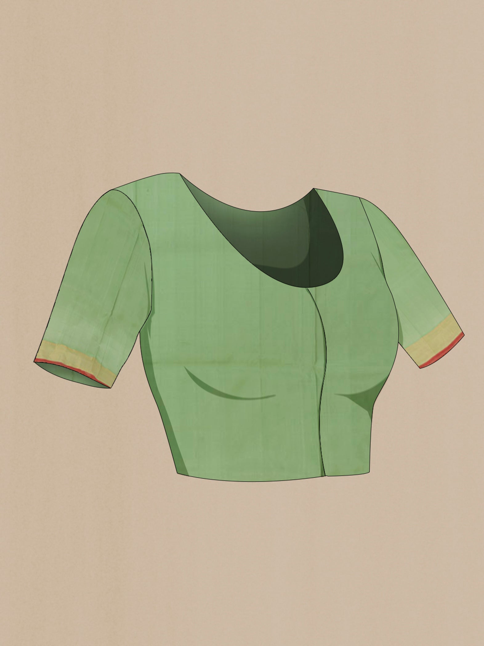 Close up image of the blouse of Green Uppada Silk Saree with Zari Butta on the body and Zari Border. 