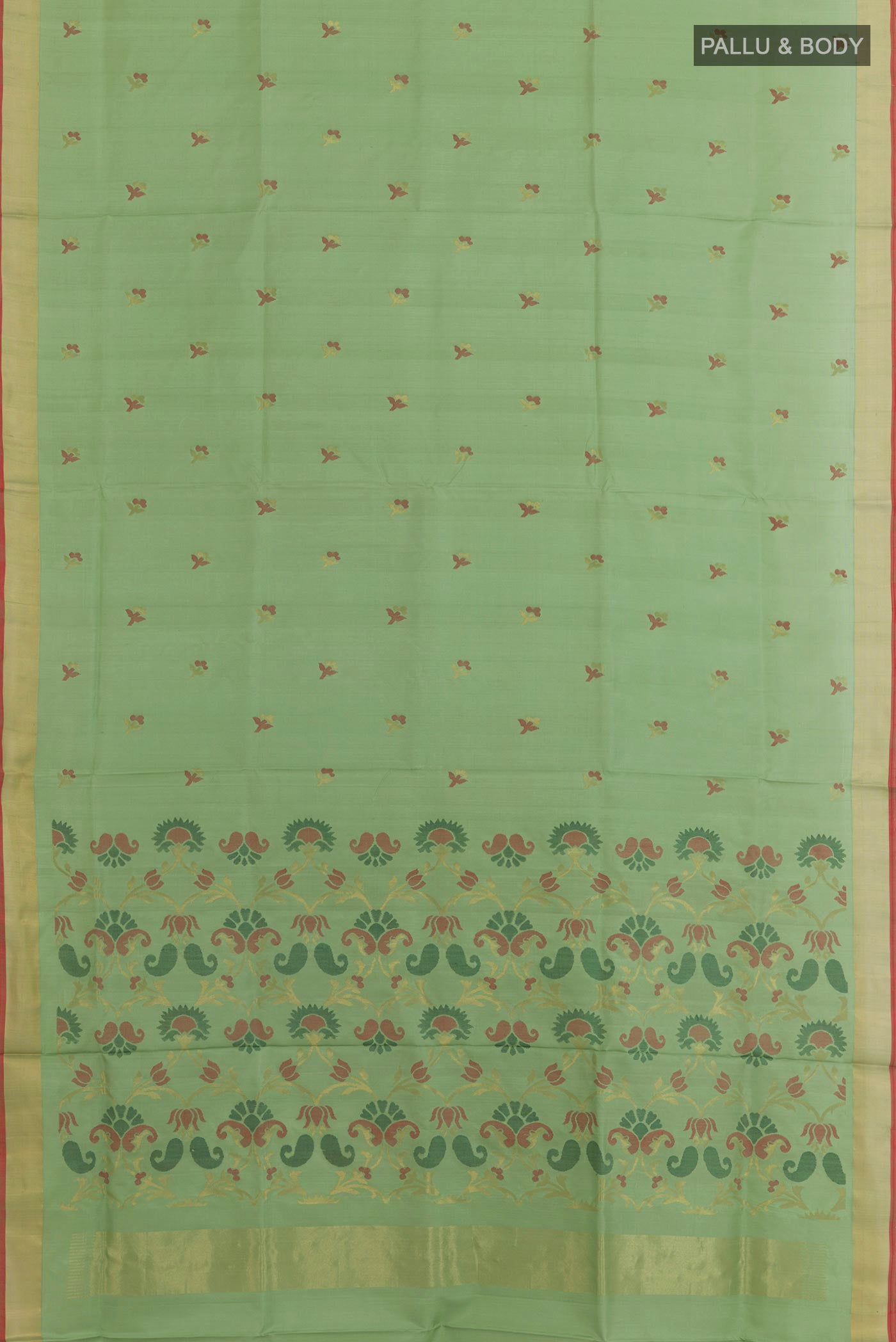 Flat view of Green Uppada Silk Saree with Zari Butta on the body and Zari Border. 