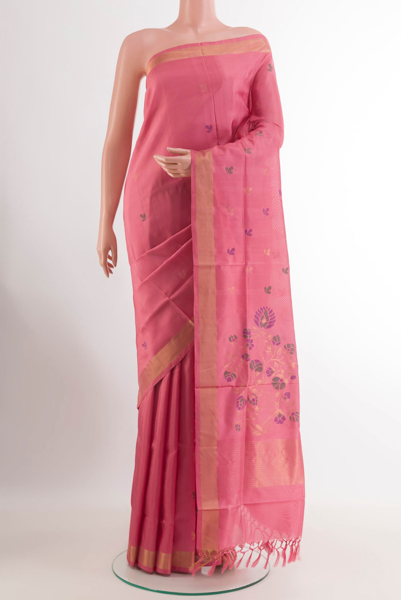 Pink Uppada Silk Saree with Zari Butta on the body and Zari Border.  displayed on a mannequin