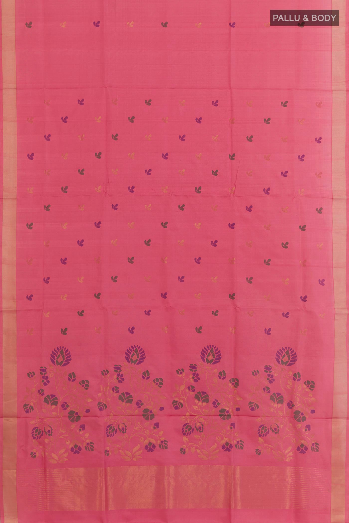 Flat view of Pink Uppada Silk Saree with Zari Butta on the body and Zari Border. 