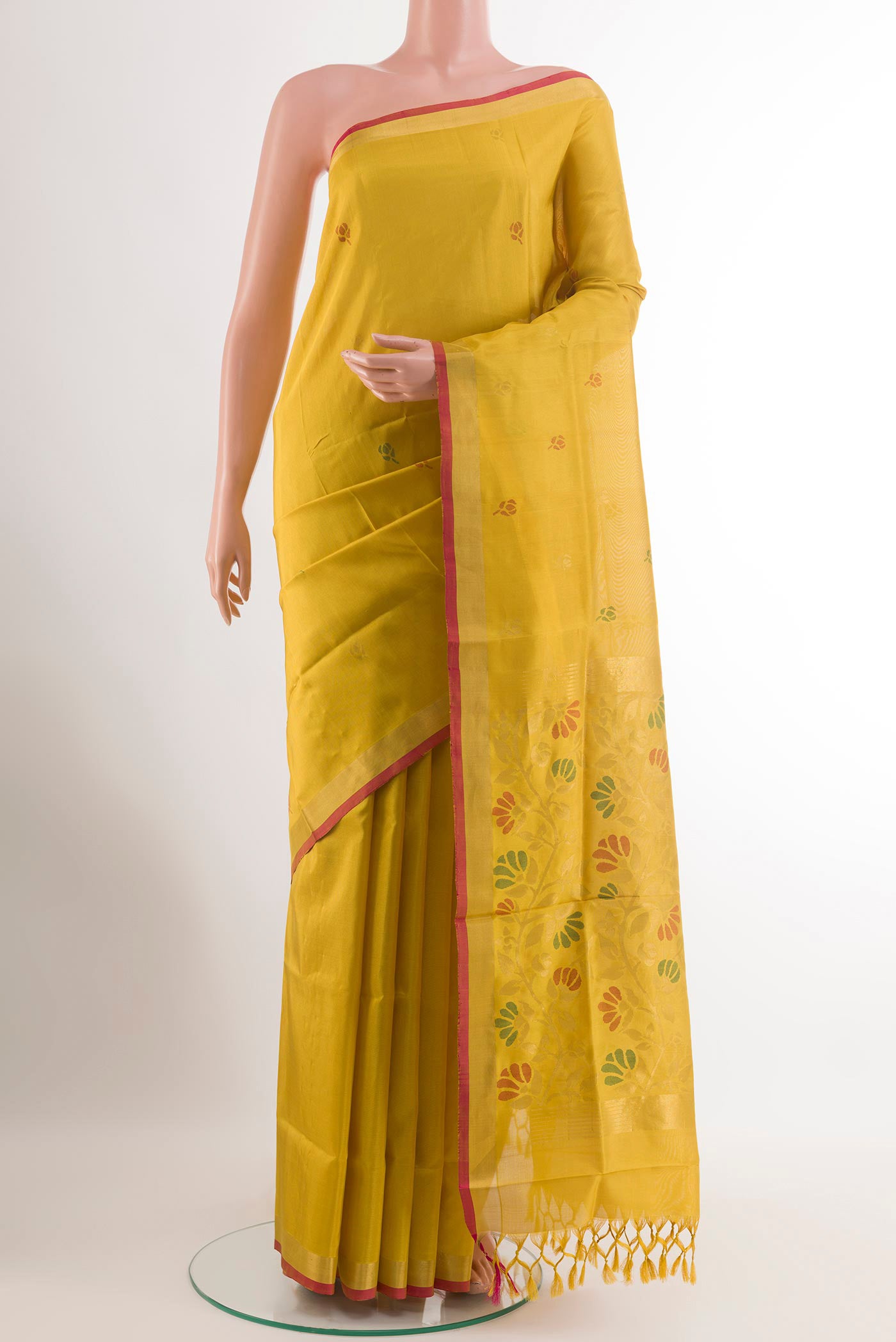 Lemon Yellow Uppada Silk Saree with Zari Butta on the body and Zari Border.  displayed on a mannequin