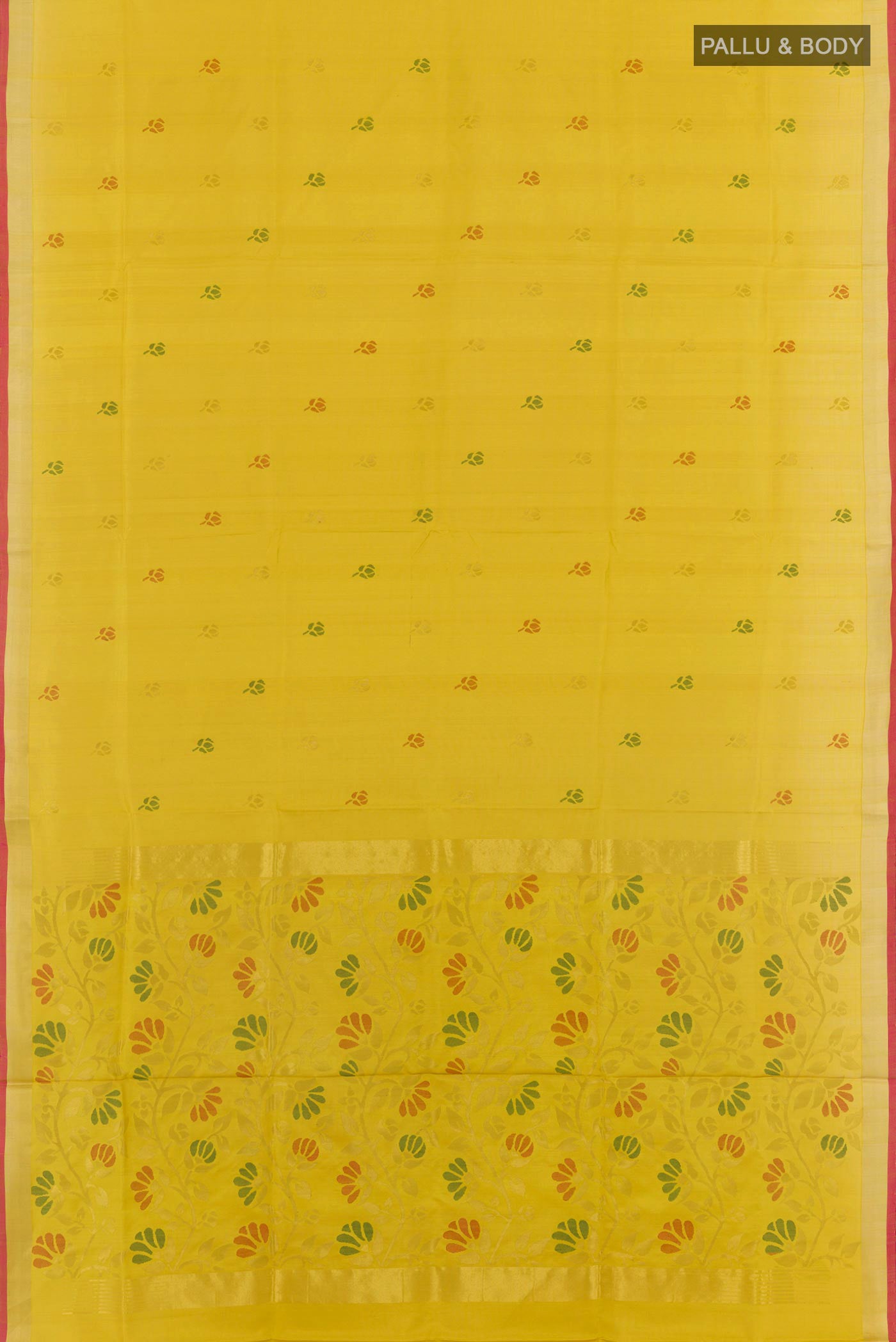 Flat view of Lemon Yellow Uppada Silk Saree with Zari Butta on the body and Zari Border. 