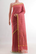 Coral Uppada Silk Saree with Zari Butta on the body and Zari Border.  displayed on a mannequin
