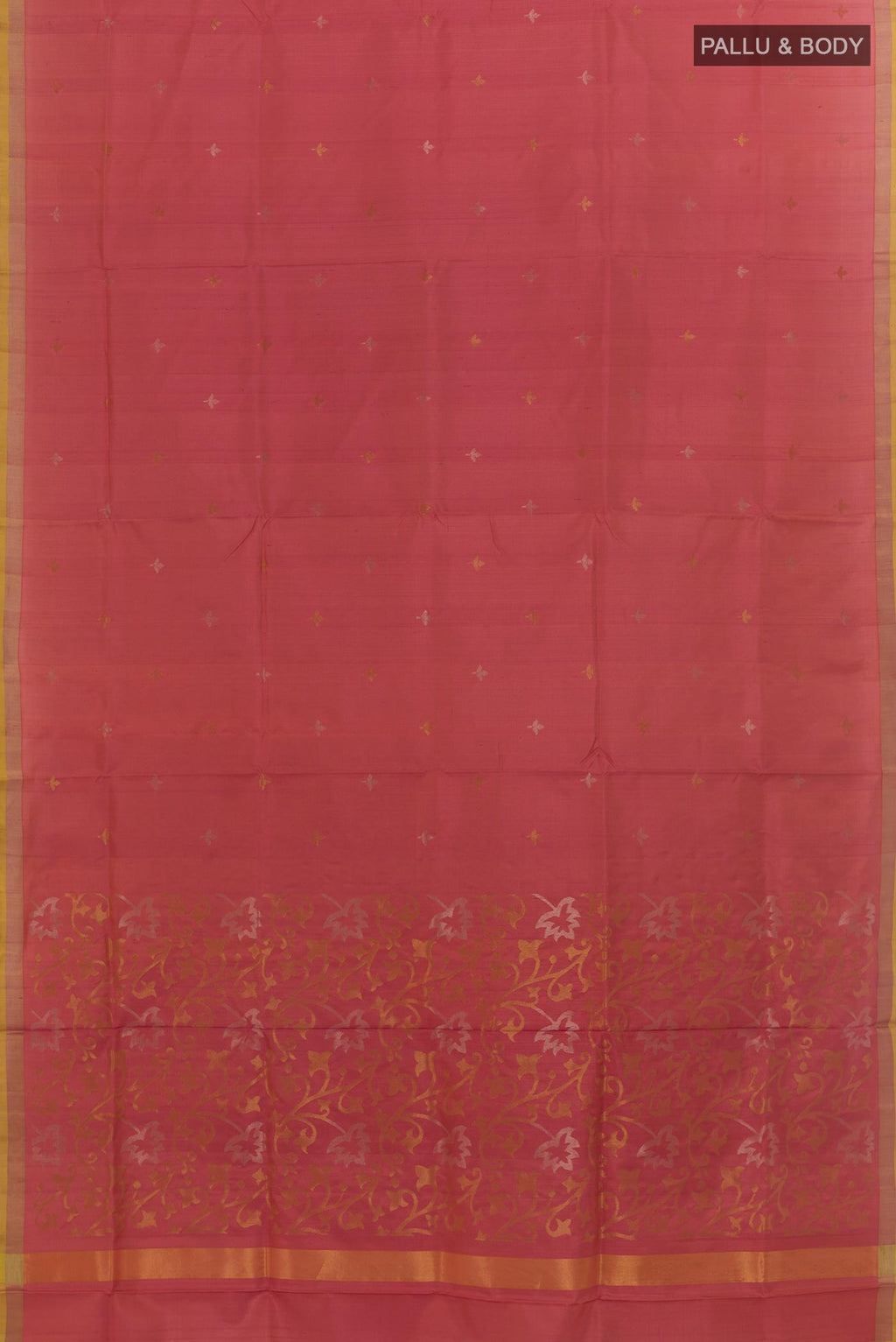 Flat view of Coral Uppada Silk Saree with Zari Butta on the body and Zari Border. 