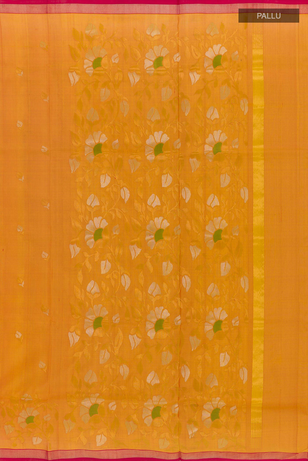 Close up image of the pallu of Yellow Uppada Silk Saree with Zari Butta on the body and Zari Border. 