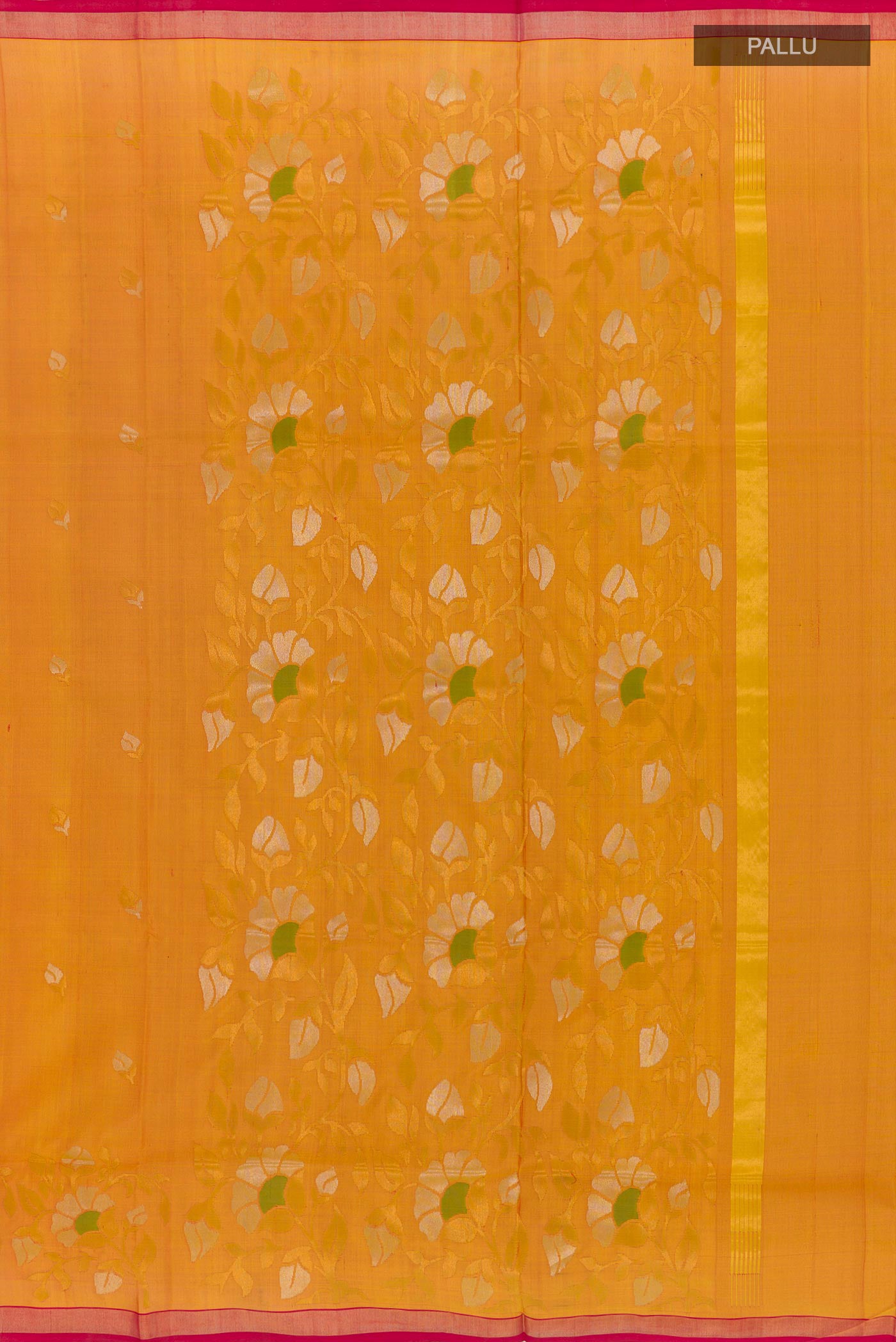 Close up image of the pallu of Yellow Uppada Silk Saree with Zari Butta on the body and Zari Border. 