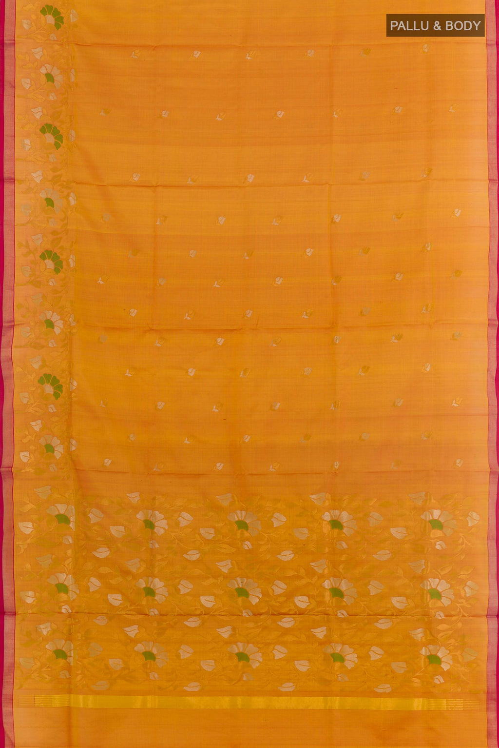 Flat view of Yellow Uppada Silk Saree with Zari Butta on the body and Zari Border. 