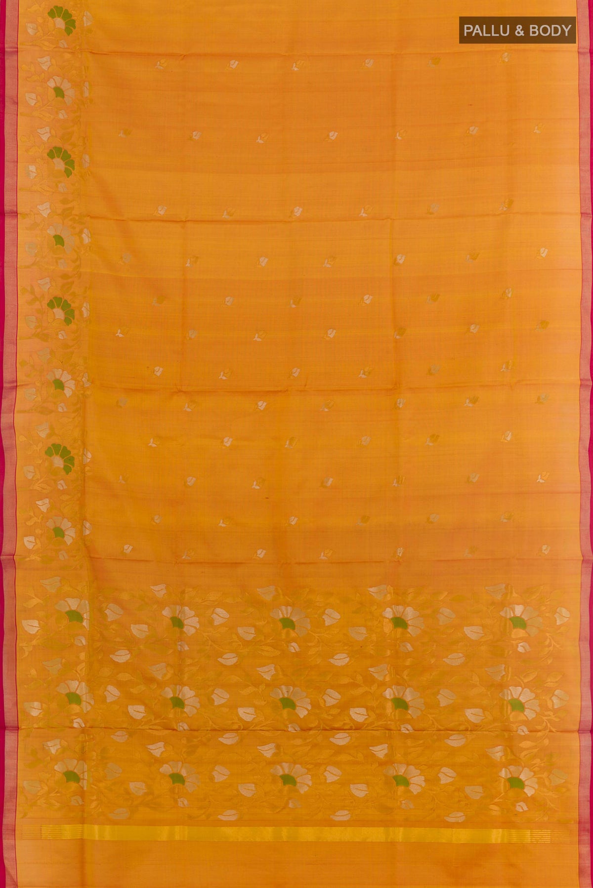 Flat view of Yellow Uppada Silk Saree with Zari Butta on the body and Zari Border. 