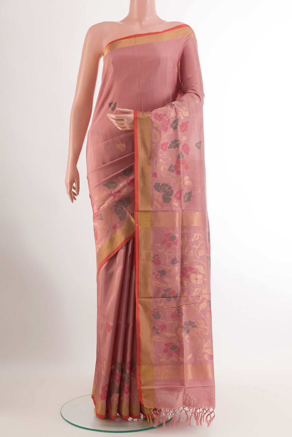 Imperial Pink Uppada Silk Saree with Zari Butta on the body and Zari Border.  displayed on a mannequin